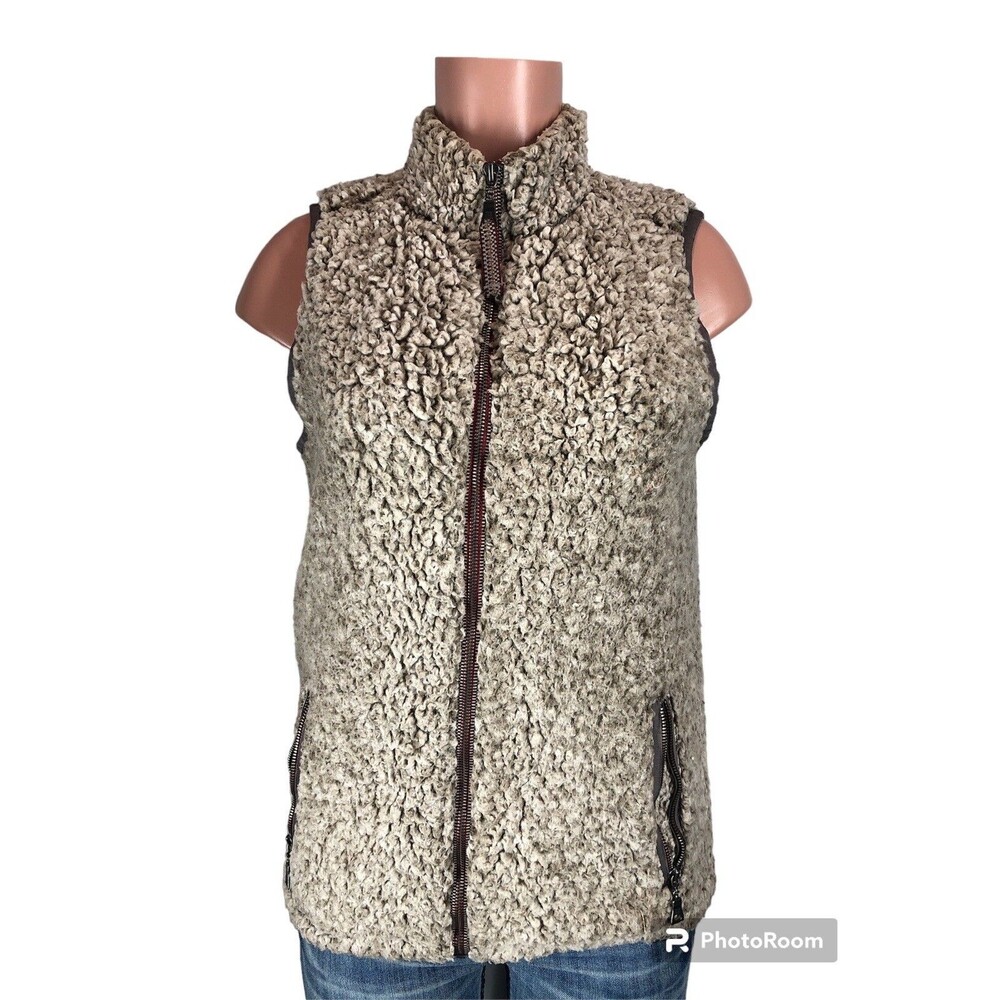 true grit Women Vest X-Small Brown Tipped Double Plush Zip & Pockets - Picture 2 of 13